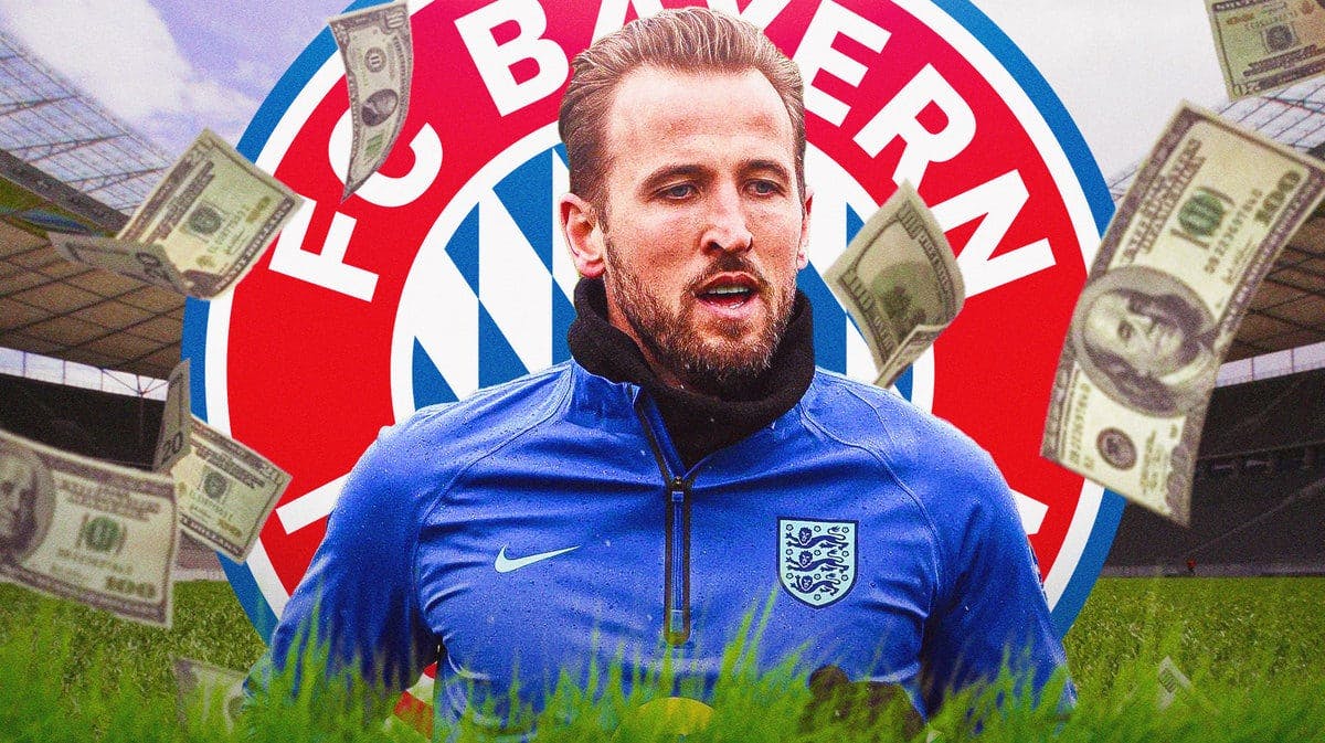 Harry Kane in front of the Bayern Munich logo with dollars falling from the air around him