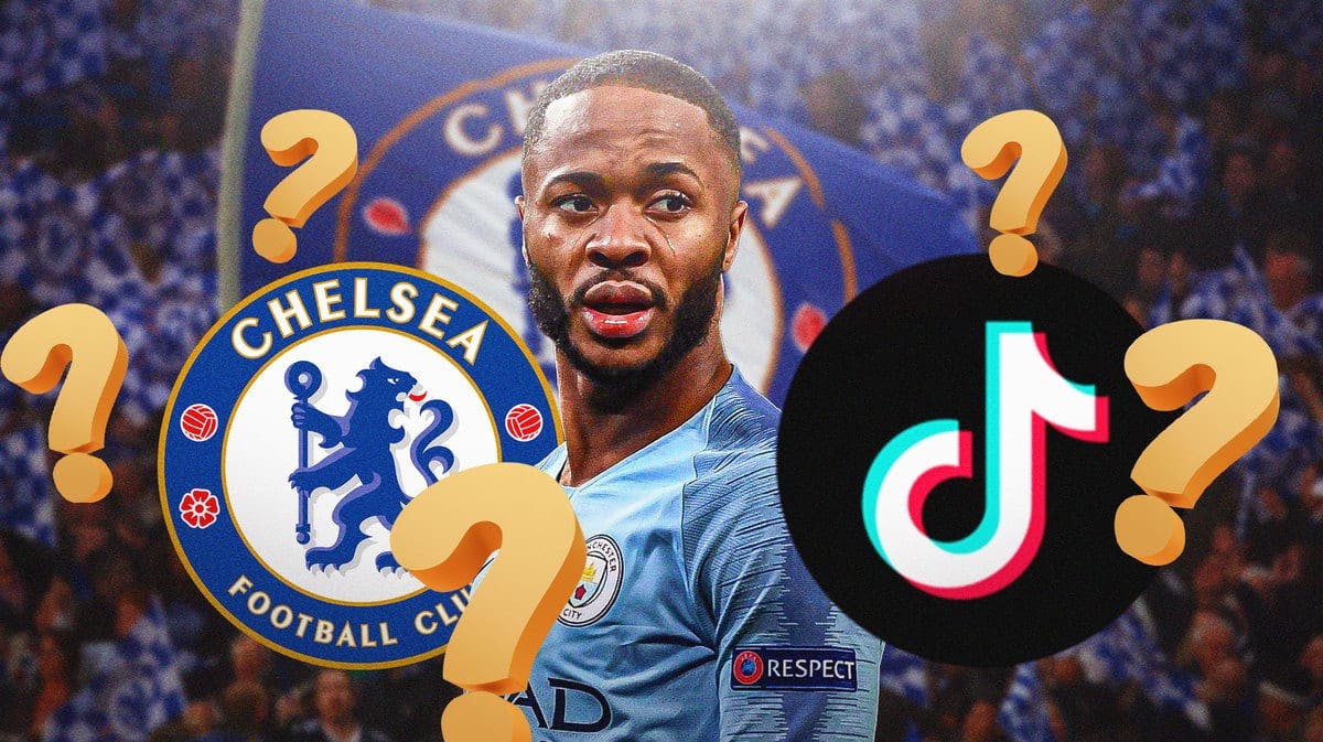 Raheem Sterling in front of the Chelsea and TikTok logos, with questionmarks in the air