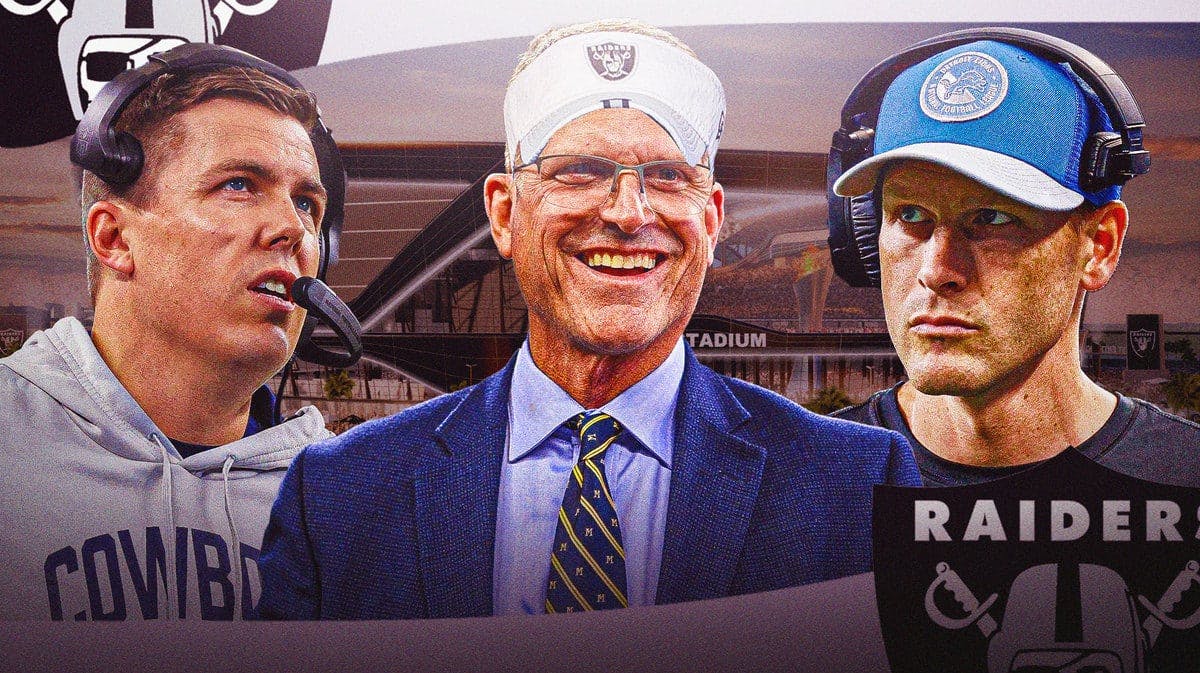 Jim Harbaugh wearing a Raiders hat Ben Johnson and Kellen Moore on either side of him