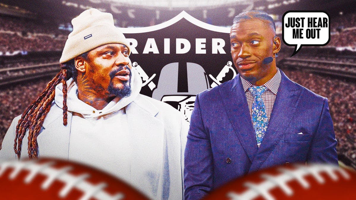 Marshawn Lynch and Robert Griffin III standing with the Raiders logo