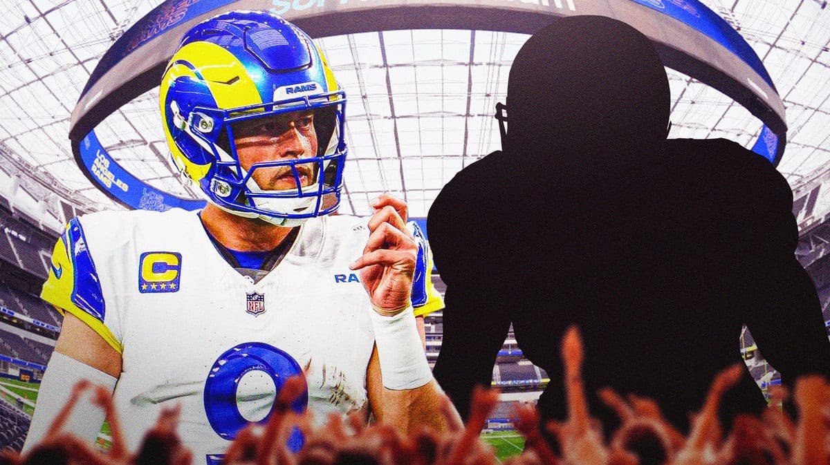 Rams quarterback Matthew Stafford next to a silhouette of a quarterback