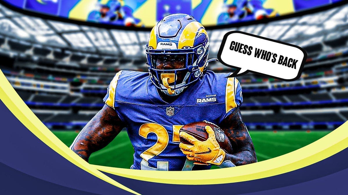 LA Rams running back Darrell Henderson and a speech bubble “Guess Who’s Back”
