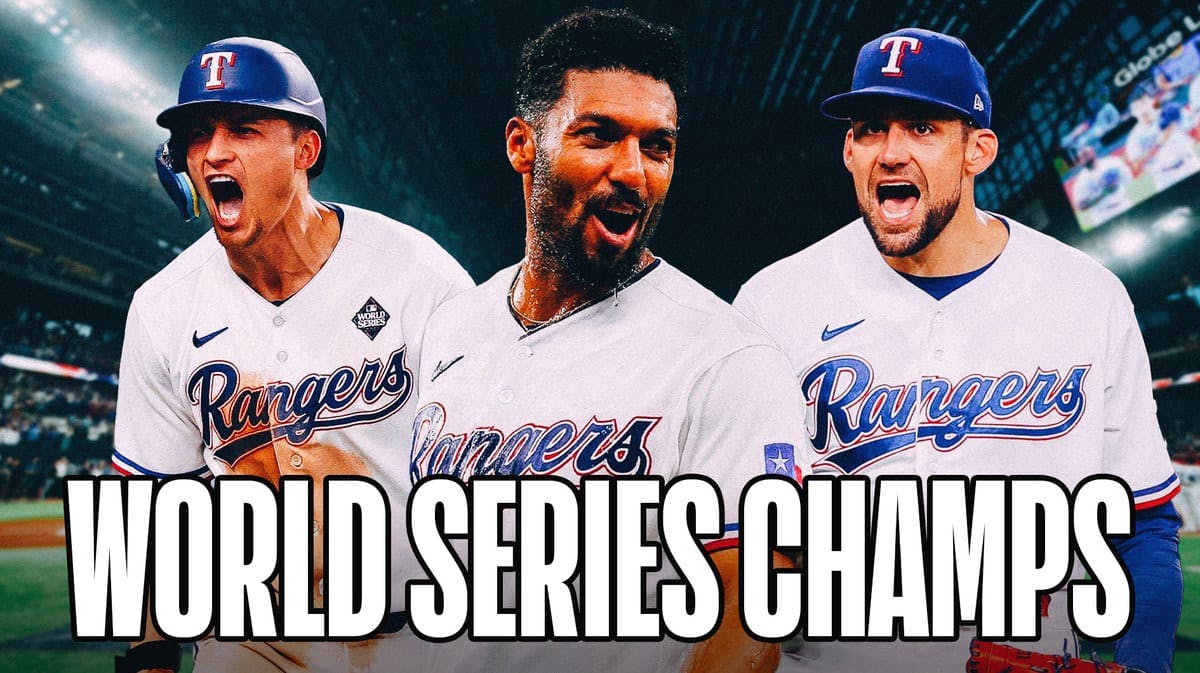 Texas Rangers Marcus Semien, Corey Seager, and Nathan Eovaldi and a text graphic under their images that reads “WORLD SERIES CHAMPS”