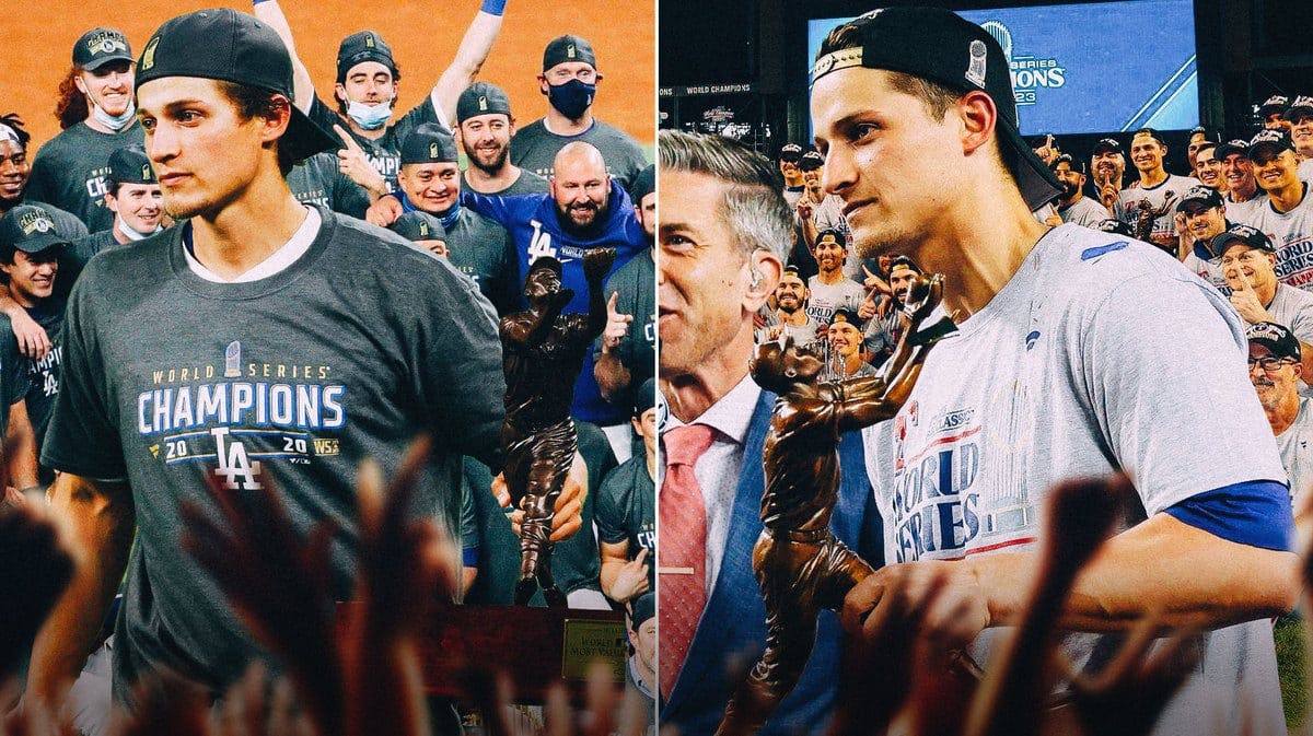 Dodgers' Corey Seager holding the 2020 World Series MVP on the left and Rangers' Seager holding the 2023 World Series MVP on the right, split background, with the Dodgers celebrating their championship on the left and the Rangers celebrating their championship on the right