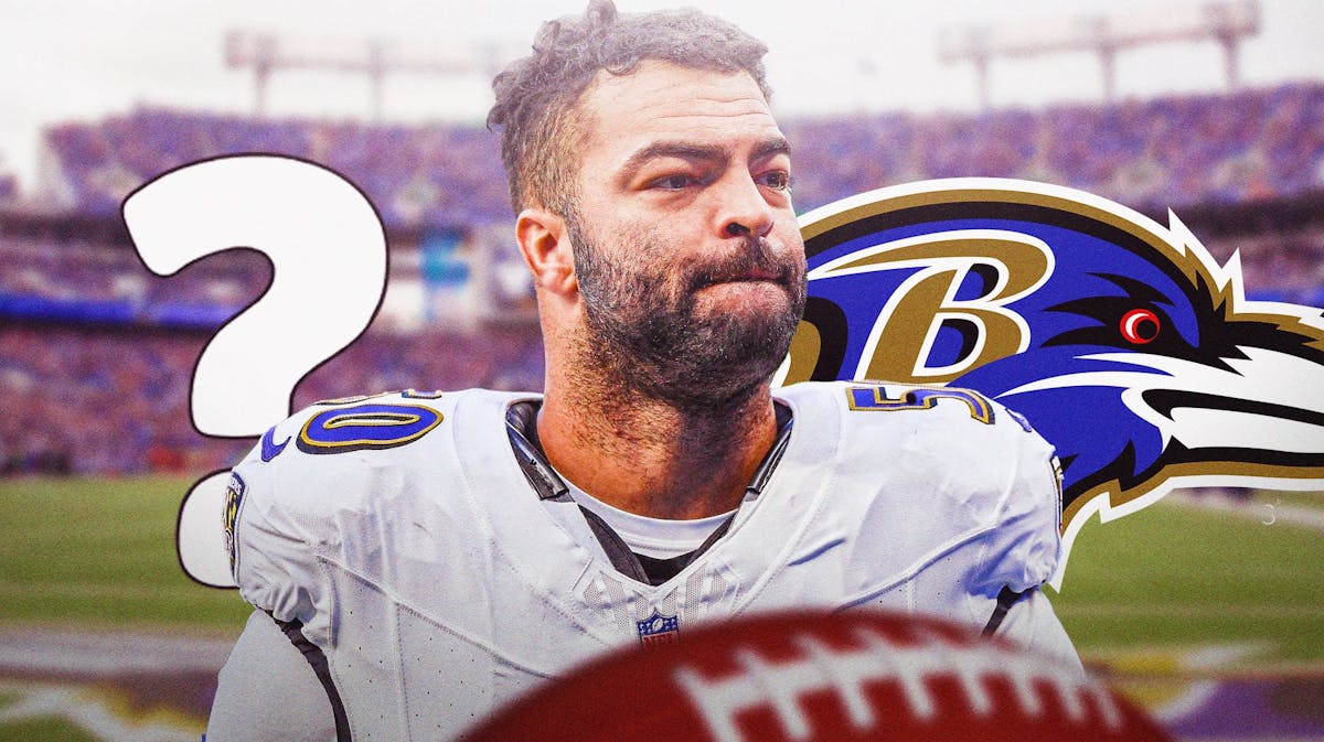 Kyle Van Noy with the Ravens logo in the background. Have a question mark in the background