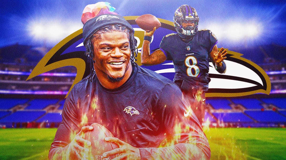 Lamar Jackson in middle of image looking happy with fire around him, BAL Ravens logo, football field in background