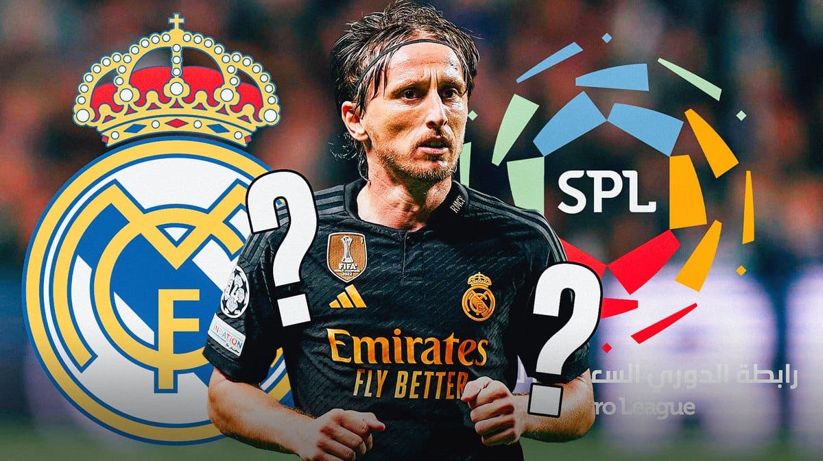 Luka Modric in front of the Real Madrid and Saudi Pro League logos, with questionmarks in the air