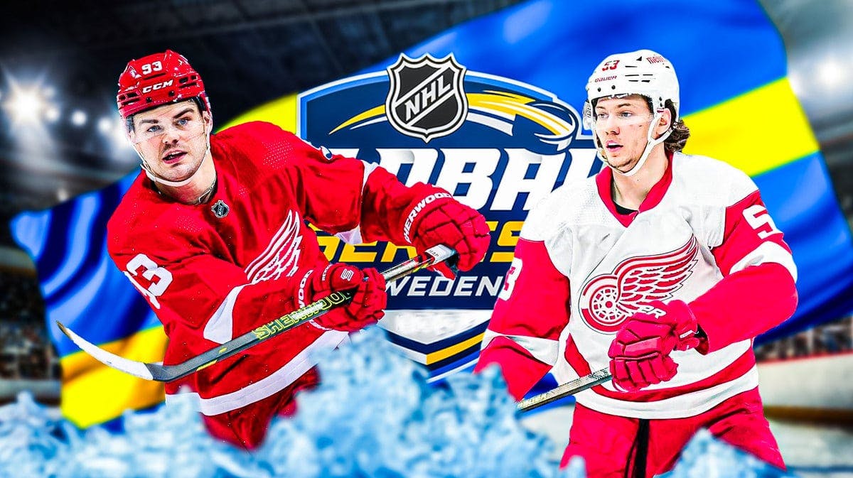 Mo Seider and Alex DeBrincat on either side of image, NHL Global Series logo in middle, hockey rink in background, Sweden flag