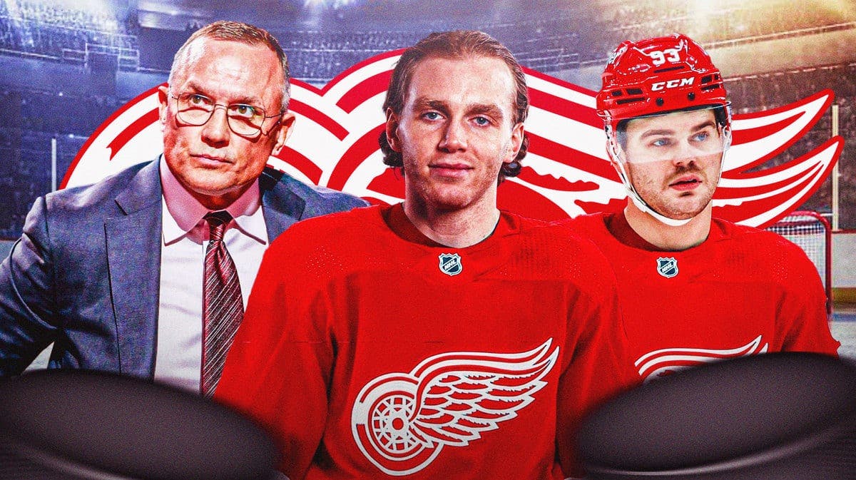 Patrick Kane in middle of image looking happy in a Detroit Red Wings jersey, Steve Yzerman and Alex DeBrincat on either side looking happy, Red Wings logo and hockey rink in background
