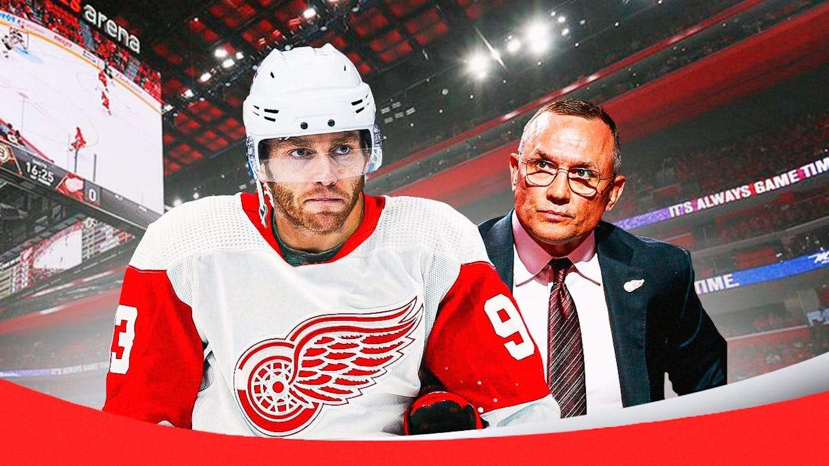 Detroit Red Wings forward Patrick Kane with general manager Steve Yzerman in Detroit on November 29, 2023 after Kane signed a one-year contract with the team