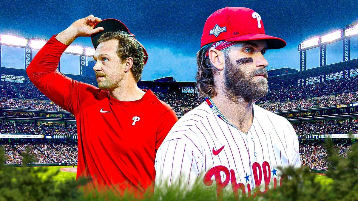 Rhys Hoskins and Bryce Harper of the Phillies both looking serious
