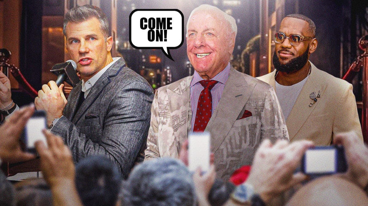 Thumb: Ric Flair saying, “Come on!” Alan Hahn looking scared. Lakers' LeBron James behind Ric Flair.