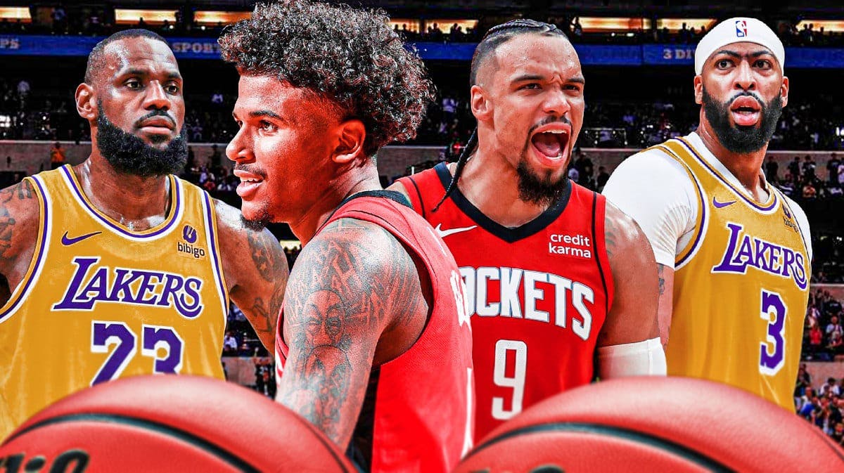 Rockets' Dillon Brooks and Jalen Green celebrating, with Lakers' LeBron James and Anthony Davis looking serious