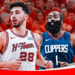Alperen Sengun as the face of the Houston Rockets with James Harden behind him on his left shoulder and nodding to him in the background