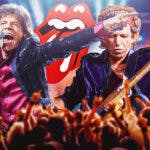 Mick Jagger and Keith Richards with the Rolling Stones logo with concert background.