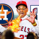 Angels manager Ron Washington in the center as if breathing fire, with Texas Rangers logo and Houston Astros logo on either side of him