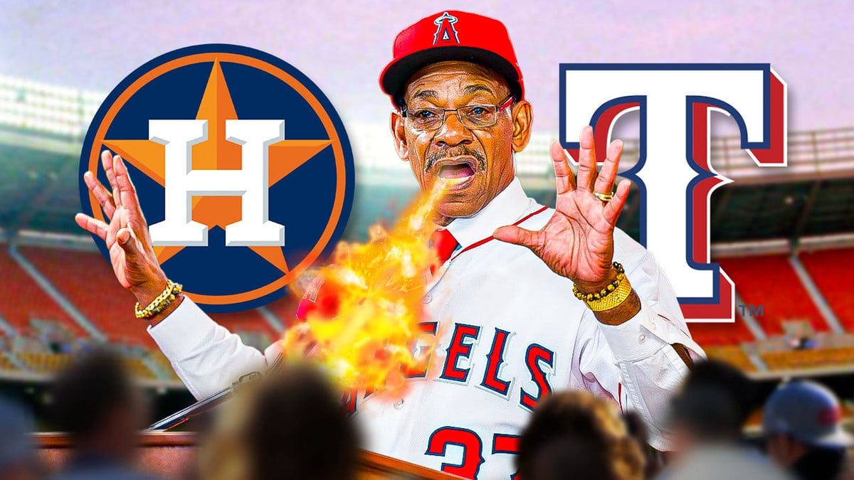 Angels manager Ron Washington in the center as if breathing fire, with Texas Rangers logo and Houston Astros logo on either side of him