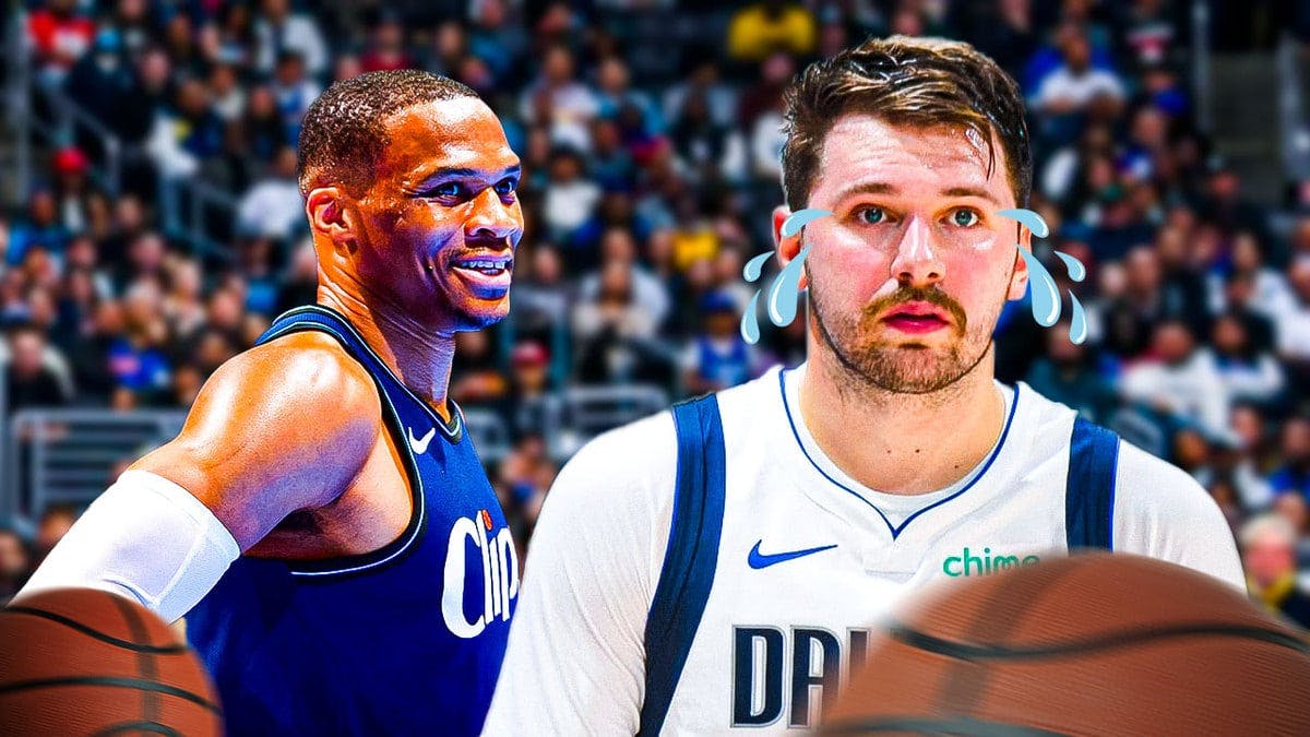 Clippers' Russell Westbrook laughing. Mavs' Luka Doncic with animated tears