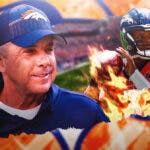 Photo: Russell Wilson looking pumped with fire around him saying “Never doubted this squad” Sean Payton smiling beside him, both of them in Broncos gear