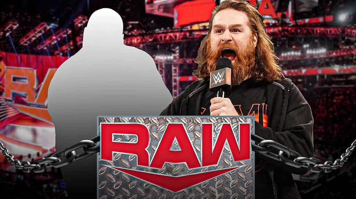 Sami Zayn with a microphone next to the blacked-out silhouette of Mark Henry with the RAW logo as the background.