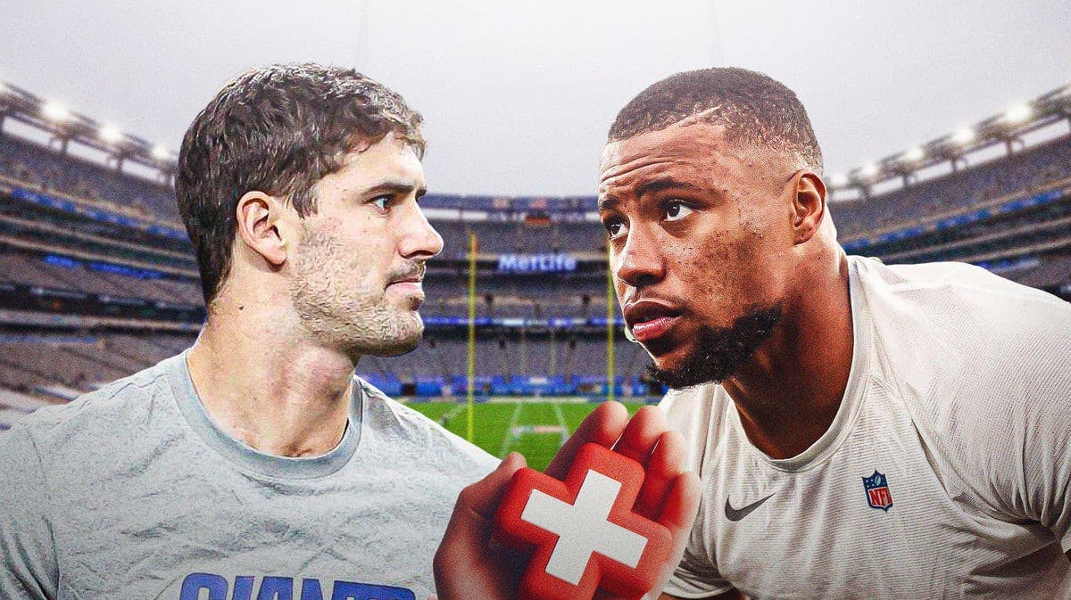 Saquon Barkley of the Giants looking serious with Daniel Jones holding a medical cross symbol