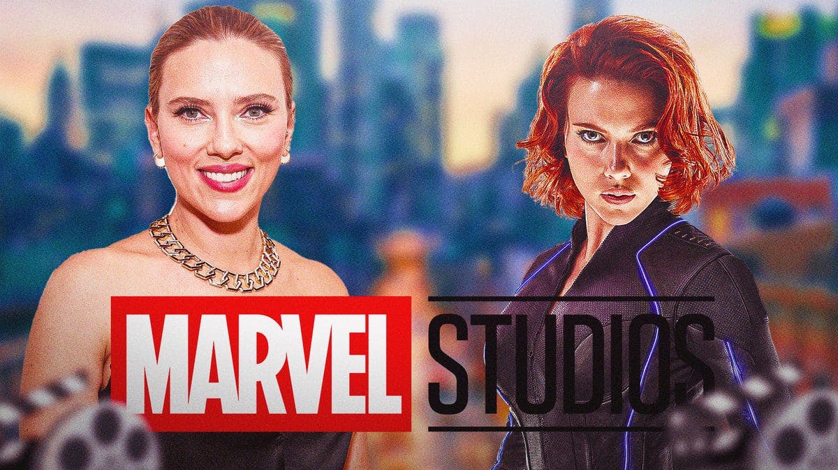 Scarlett Johansson next to Black Widow and the Marvel Studios (MCU) logo.