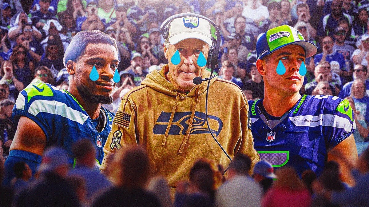 Pete Carroll, Jason Myers, Devon Witherspoon all with tear emojis 💧 and with crying Seattle Seahawks fans in the background.