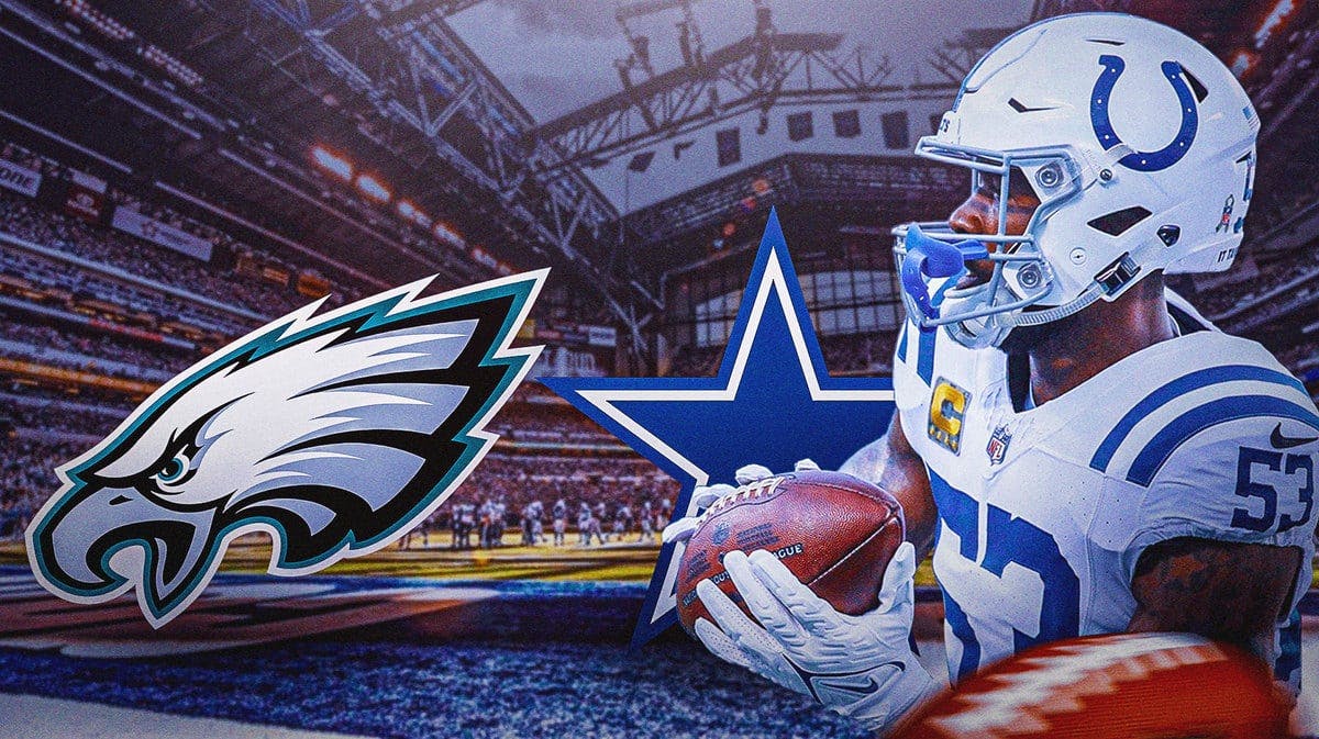 Shaquille Leonard with Cowboys and Eagles logos