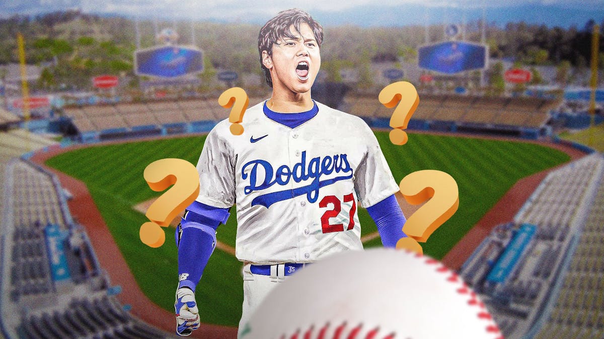Los Angeles, Dodgers, Shohei Ohtani, GM meetings, MLB free agency, Shohei Ohtani in Dodgers uni with a ? next to him, Dodger stadium in the background