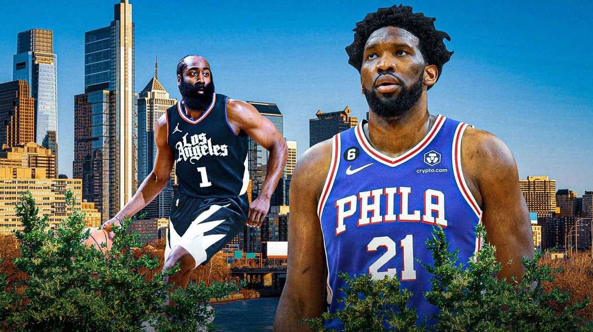 Sixers star Joel Embiid looking at James Harden in a Clippers jersey