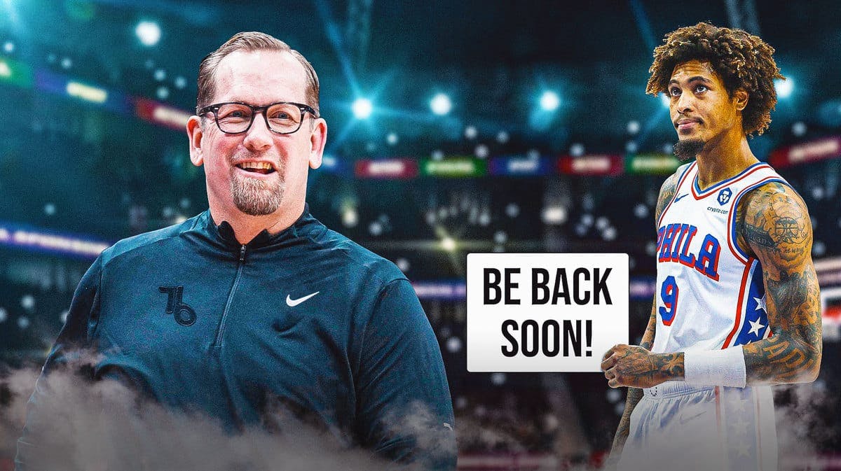 Sixers' Kelly Oubre Jr. holding a “BACK SOON” sign, with Nick Nurse smiling