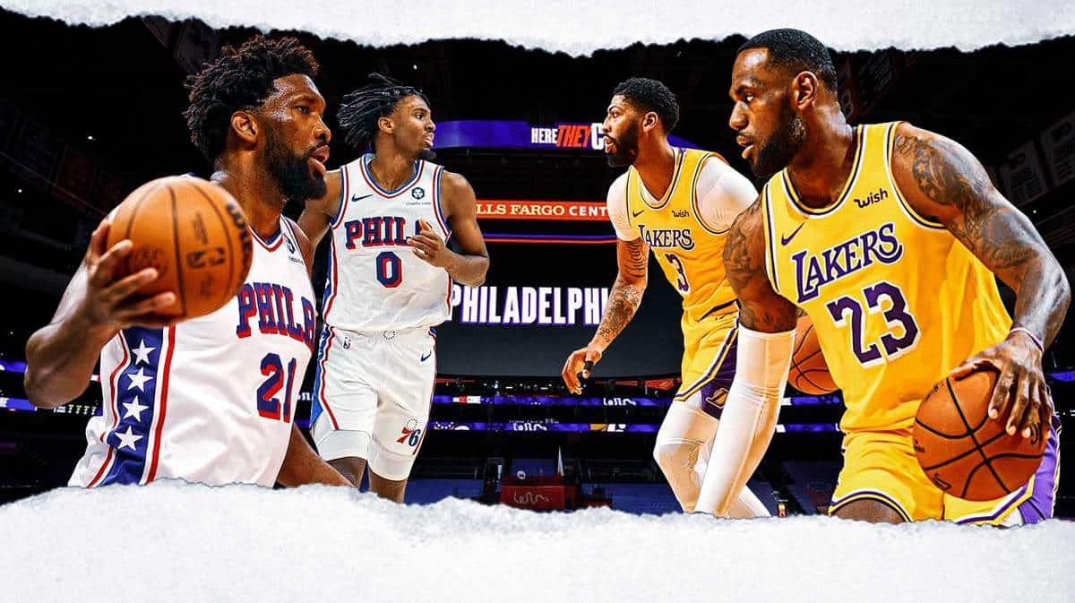 Sixers stars Joel Embiid and Tyrese Maxey and Lakers stars Anthony Davis and LeBron James