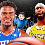 Sixers' Paul Reed smiling, with Lakers' Anthony Davis looking angry, with shrug emojis all over Reed