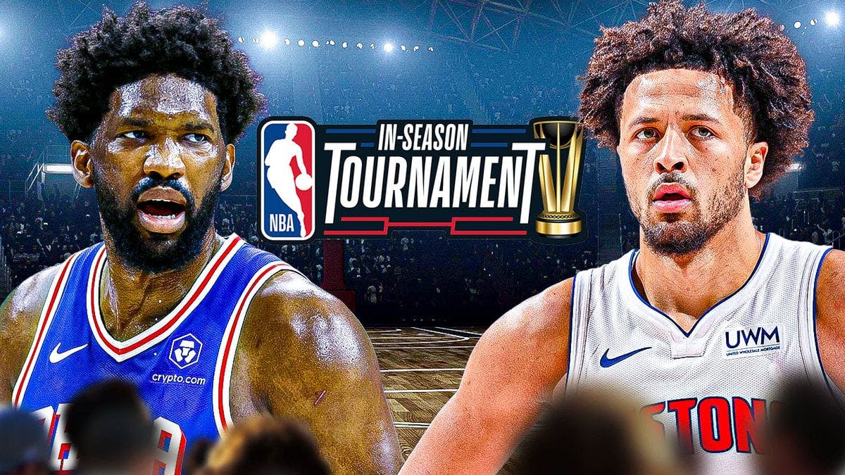 Sixers player Joel Embiid and Pistons player Cade Cunningham standing by the NBA In-Season Tournament logo