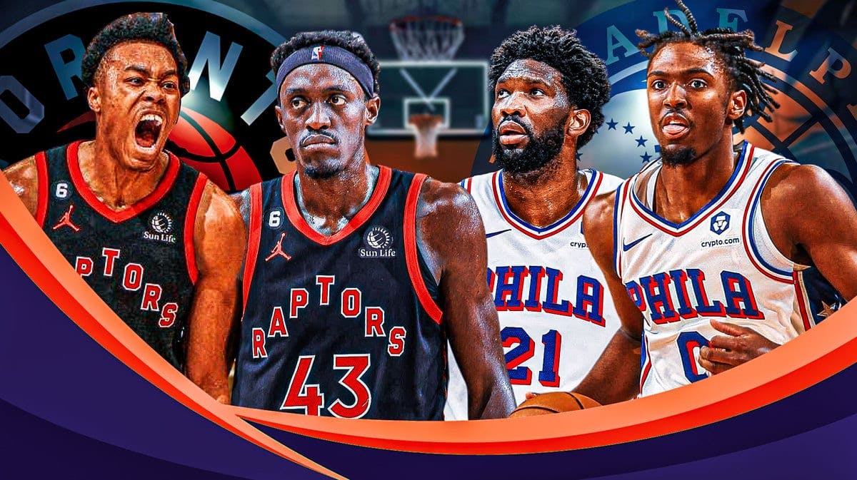 Raptors players Scottie Barnes and Pascal Siakam and Sixers players Joel Embiid, Tyrese Maxey