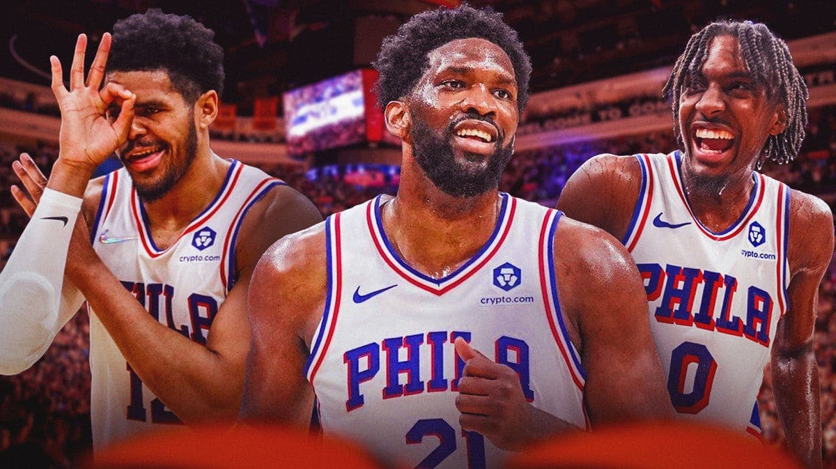 Sixers players Tobias Harris, Joel Embiid and Tyrese Maxey