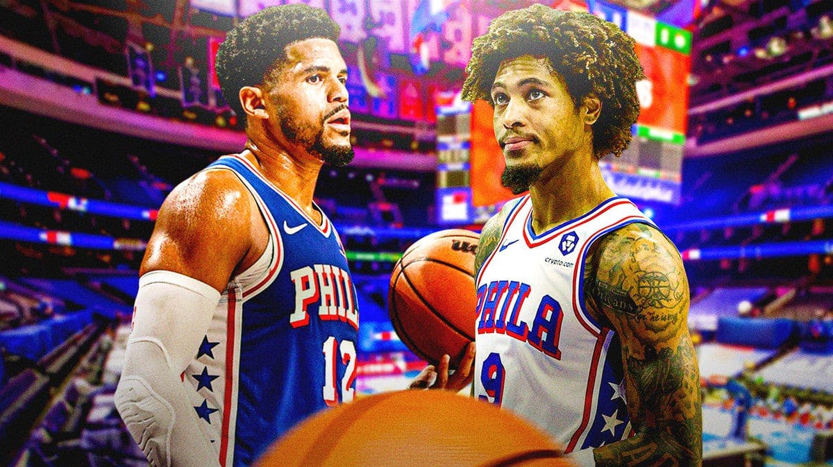 Sixers players Tobias Harris and Kelly Oubre Jr at the Wells Fargo Center