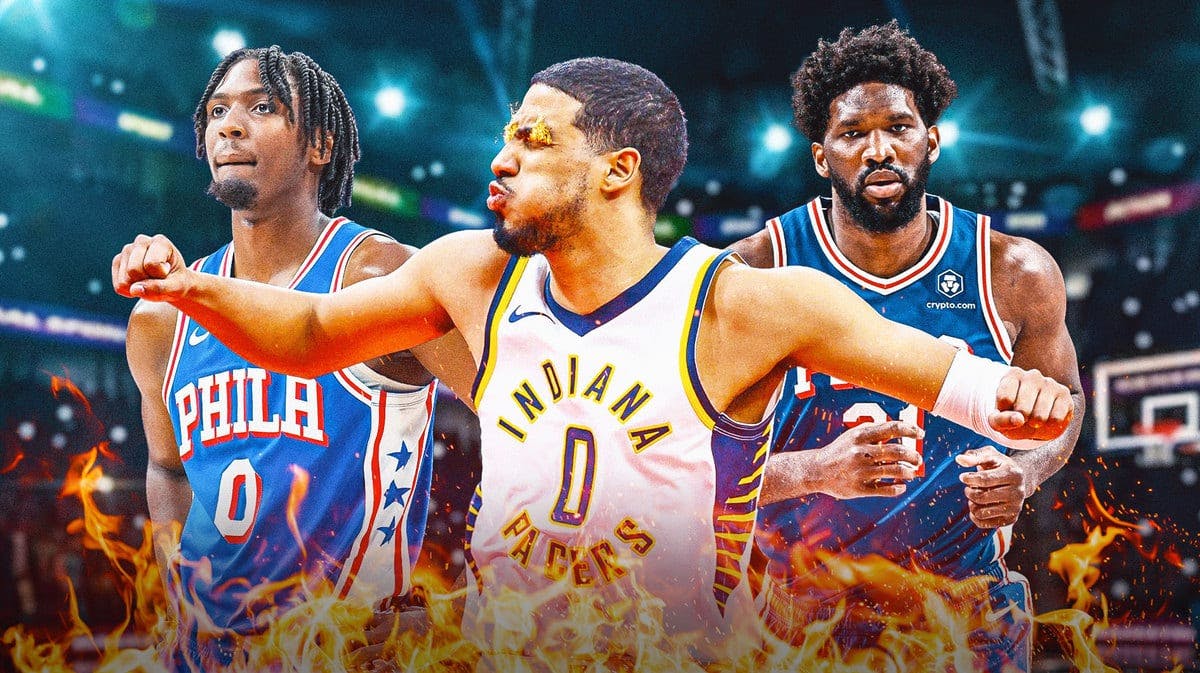 Pacers star Tyrese Haliburton with fire coming out of his eyes next to Sixers stars Tyrese Maxey and Joel Embiid