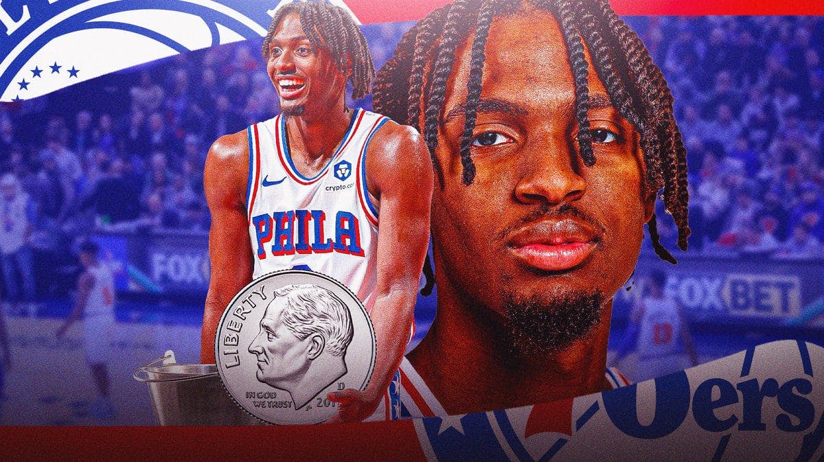 Sixers star Tyrese Maxey holding a bucket and a dime