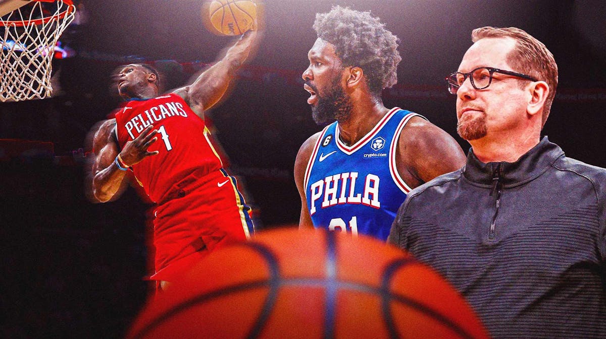 Sixers' Joel Embiid and Nick Nurse watching Pelicans' Zion Williamson dunk the ball