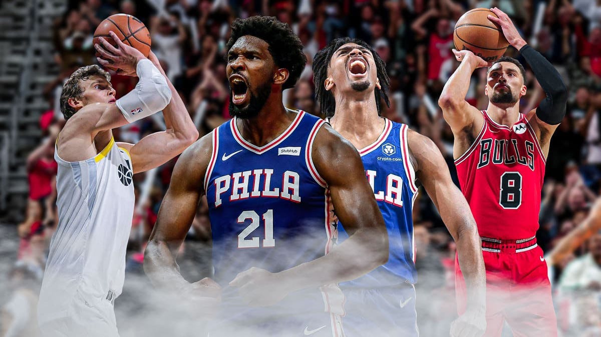 Sixers' Joel Embiid and Tyrese Maxey hyped up in the middle, with Jazz’s Lauri Markkanen and Bulls' Zach LaVine all shooting a jumpshot on the left and right side, respectively