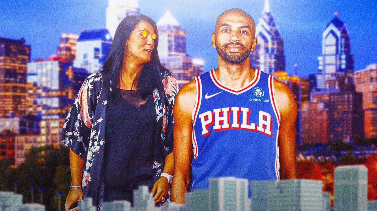 Nick Batum in Sixers jersey, his wife Lily Batum with fire in her eyes beside him
