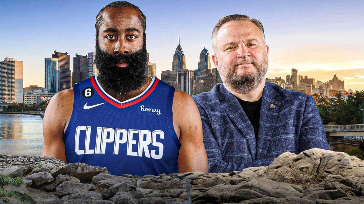 Los Angeles Clippers guard James Harden and Philadelphia 76ers team president Daryl Morey