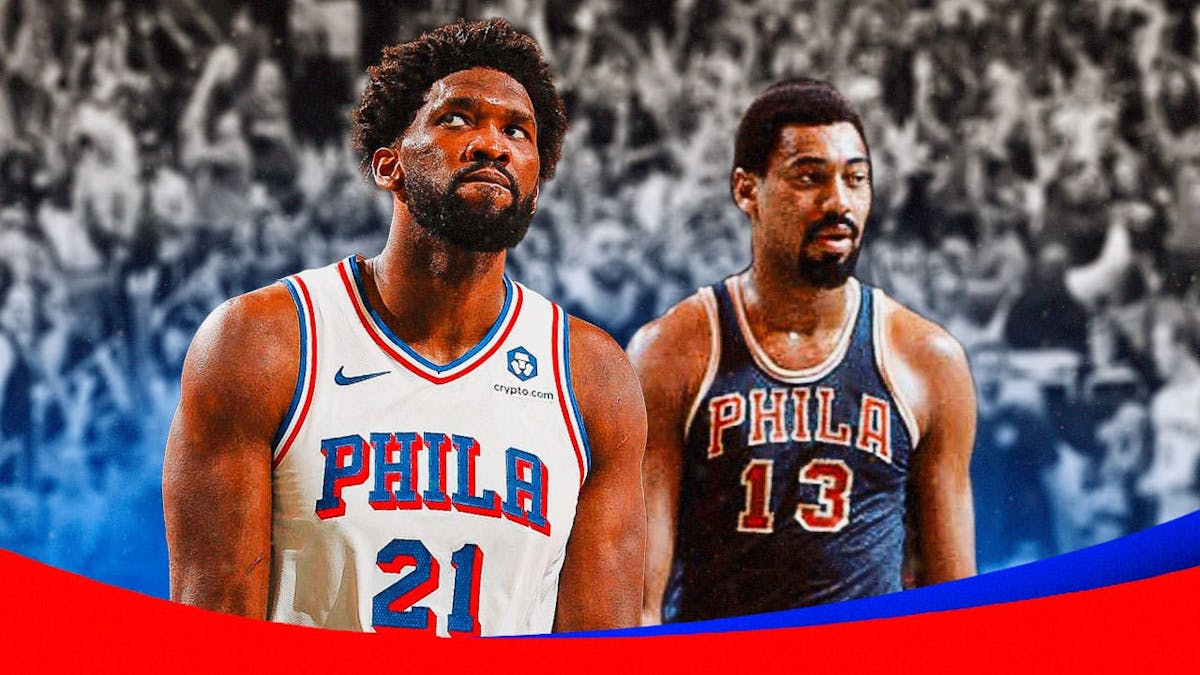 Sixers' Joel Embiid hyped up, with 1966 Wilt Chamberlain on the right