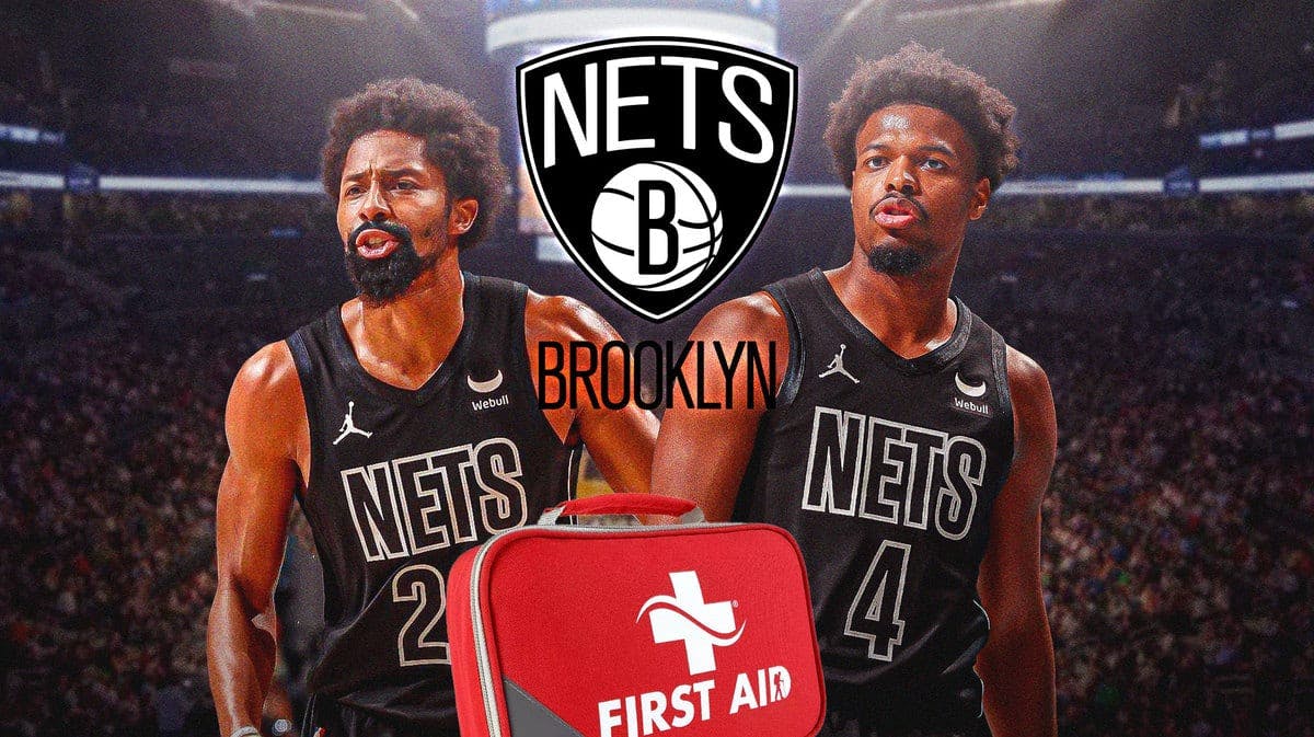 Spencer Dinwiddie and Dennis Smith Jr. in image with first aid kit, basketball court in background, BKN Nets logo