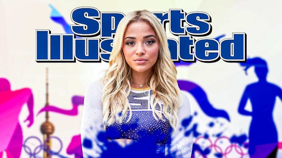 Olivia Dunne in front of Sports Illustrated logo.