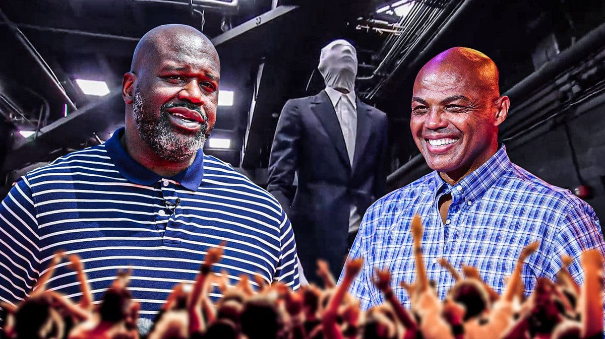 Victor Wembanyama Halloween costume in background. Shaquille O’Neal (normal clothes) looking confused, Charles Barkley (normal clothes) laughing