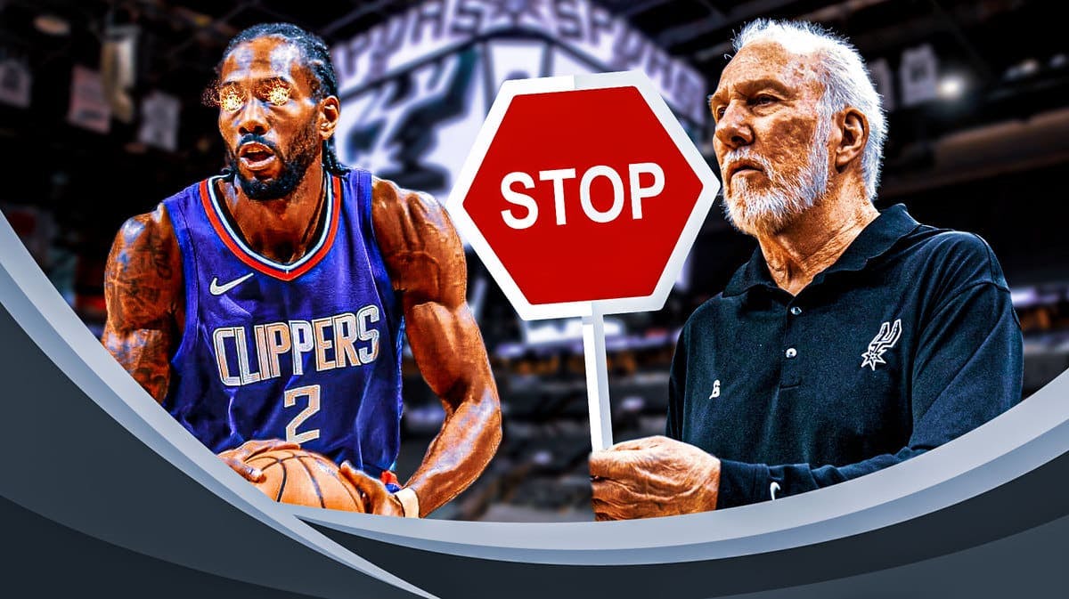 Spurs' Gregg Popovich holding a stop sign. Kawhi Leonard with fire in his eyes