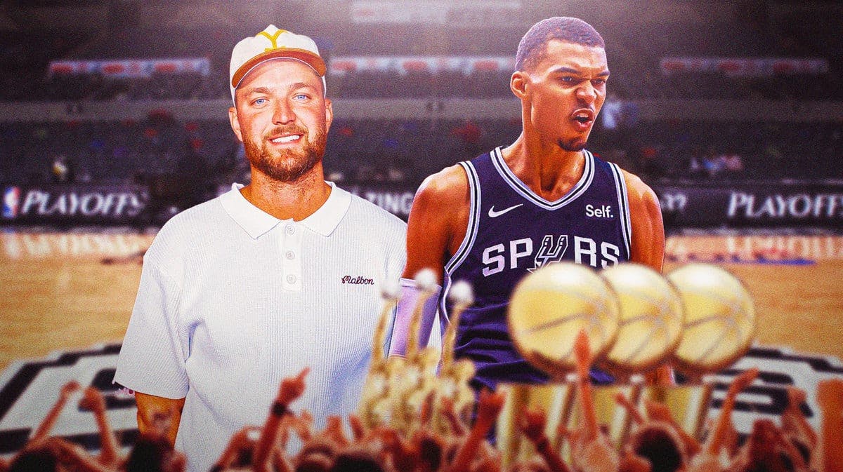 Chandler Parsons looking at a hyped up Spurs' Victor Wembanyama with plenty of MVP trophies and championship trophies around Wembanyama
