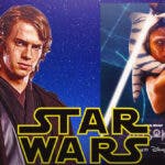 Hayden Christensen as Anakin Skywalker, Ahsoka poster behind Star Wars logo.
